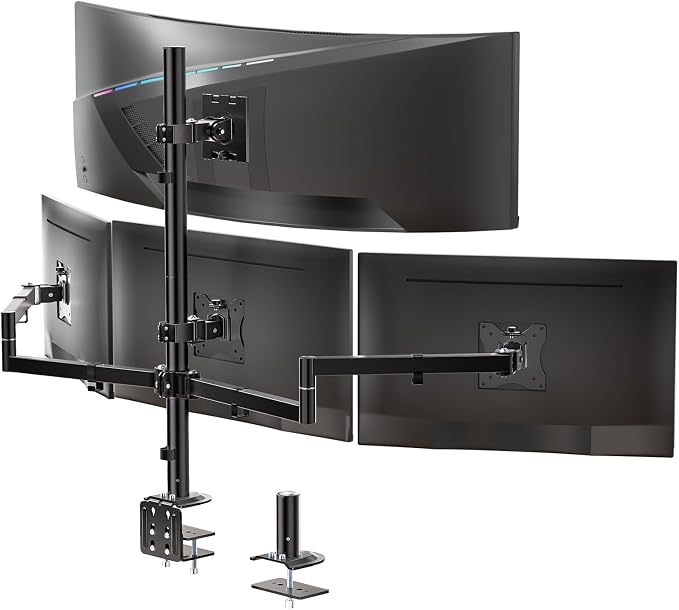 WALI Quad Monitor Mount for up to 49 inch Ultrawides on Top Bracket and 27 inch Screens on Lower Brackets, Extra Tall 4 Monitor Stand, Heavy Duty Monitors Arm up to 44 lbs (M004S-P), Black by WALI