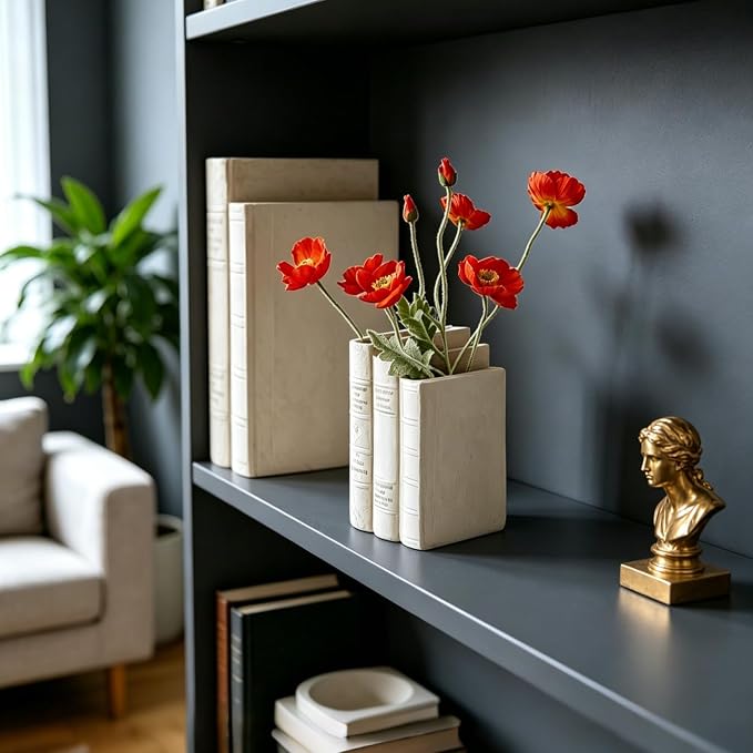 Book Shaped Vase for Flowers - Resin Decorative Vase Cream Fake Books for Bookshelf Bedroom Office Home Décor Gifts for Book Lovers Modern Aesthetic 5.5 * 4.5 * 7.5 Inch Guichifun - Image 2
