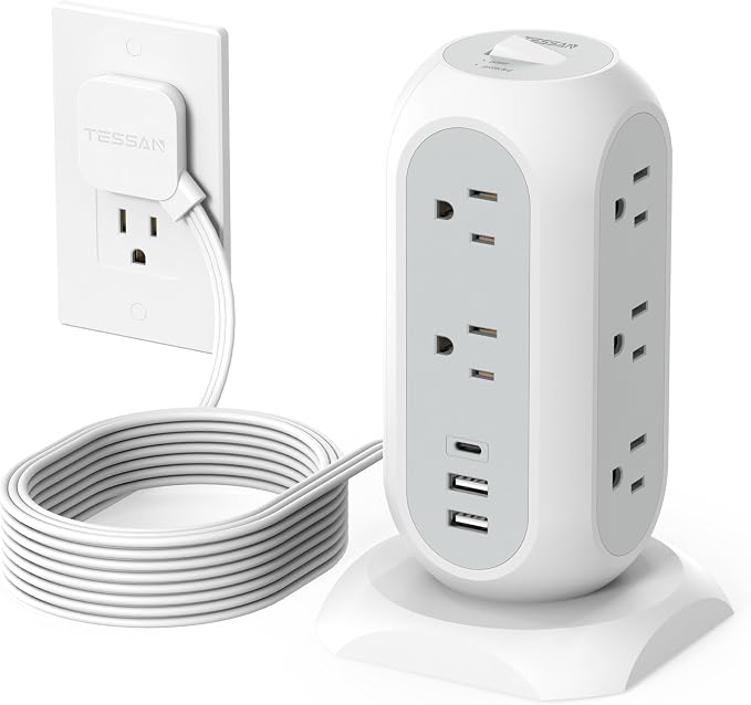 TESSAN Tower Power Strip Flat Plug with 1050J Surge Protection, 10 Ft, Grey | 11 Outlets 3 USB (1 USB C), Surge Protector Power Tower, Extension Cord with Multiple Outlets, Dorm, Office Desk Supplies by TESSAN