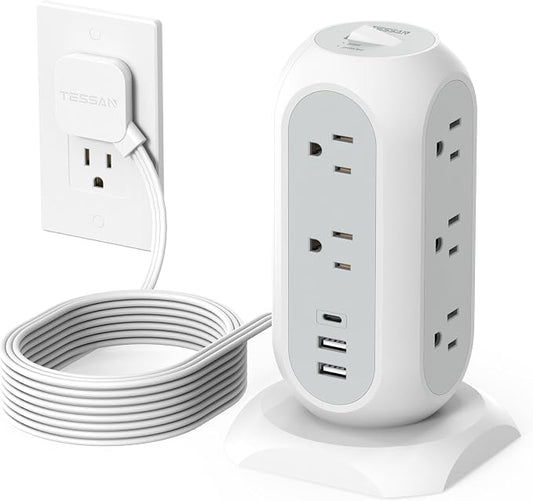 TESSAN Tower Power Strip Flat Plug with 1050J Surge Protection, 10 Ft, Grey | 11 Outlets 3 USB (1 USB C), Surge Protector Power Tower, Extension Cord with Multiple Outlets, Dorm, Office Desk Supplies by TESSAN