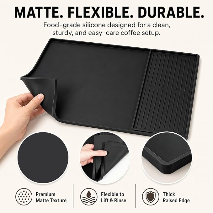 Silicone Coffee Mat 24 x 16 in with Tray, Classic Black | Coffee bar mat for countertop use, coffee station mat or coffee machine mat with removable tray and 0.47 in raised rim. - Image 5