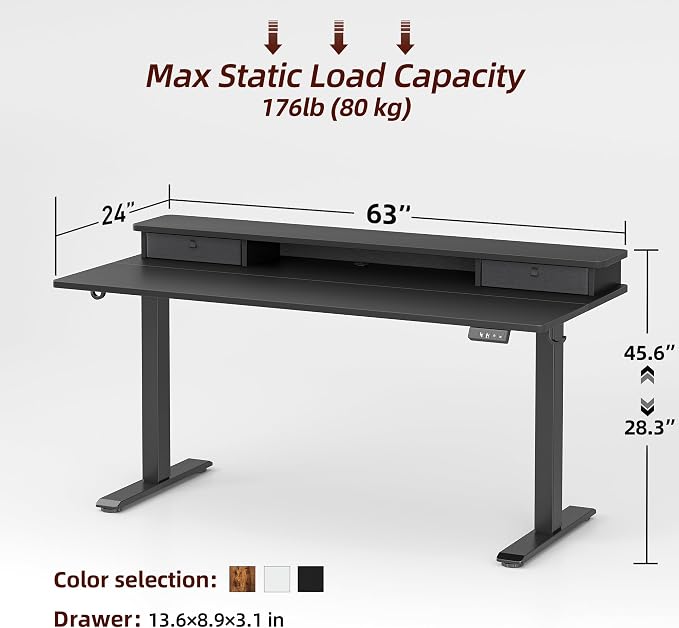 TIQLAB Standing Desk with Two Drawers, Stand Up Standing Desk Adjustable Height, Electric Sit Stand Table with Storage Shelf and Splice Board, 63 * 24 inch, Black - Image 3