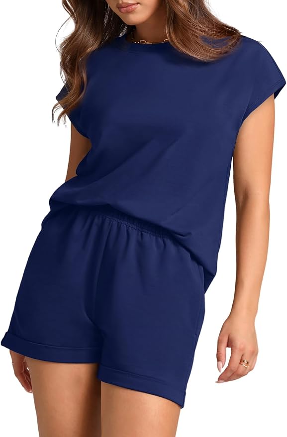 WIHOLL 2 Piece Sets for Women Casual Summer Travel Vacation Outfits Cap Sleeve Shorts Lounge Set - Image 3