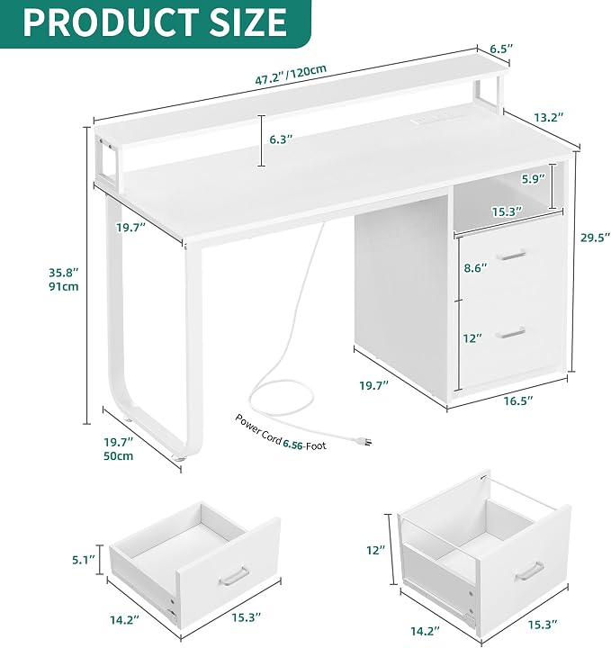 DWVO Office Desk with Drawers, 47" Computer Desk with Power Outlets & LED Light, Home Office Desk with Storage & Monitor Stand, White | Built-In Power Outlets, Led Light, Monitor Stand, Storage Space, For Home Office Study, Easy Assembly - Image 2