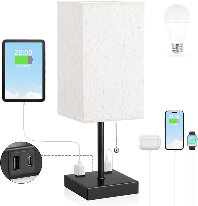 Bedside Lamp for Bedroom - 3 Color Temperatures, USB A+C, 2 AC Outlets | Pull Chain Switch, LED Bulb Included, Cream Fabric Shade, 17.4" Table Lamp for Nightstand, Desk, Living Room, Office - Image 2