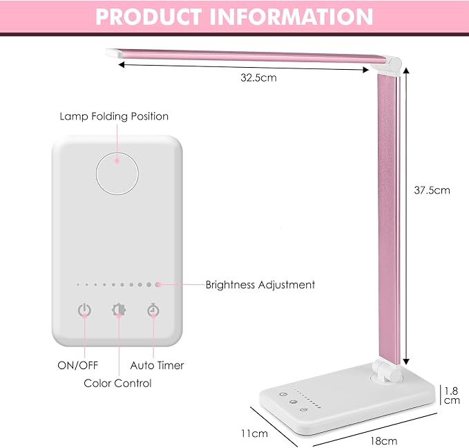 Desk Lamp, LED Desk Light with 10 Brightness Levels, 5 Color Temperatures, USB Power, Foldable Dimmable Table Lamp, Timer & Memory, Touch Control, Eye Caring Lamp for Reading Work Study Nail - Image 5