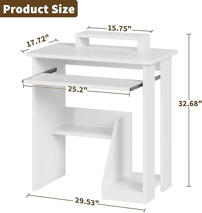 ALISENED 30 Inch Computer Desk, with Keyboard Tray & Monitor Stand | Compact Desk for Space-Saving, Ergonomic Study Desk with Storage Shelves for Writing, Gaming, Working, White - Image 3