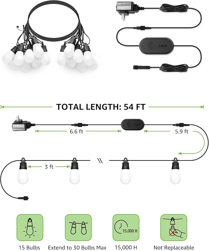 Lepro ZB1 AI Smart Outdoor String Lights APP Control, 100(88+12) ft RGB+IC+Warm White Outdoor Light 30 LED Bulbs, NOT Extendable, Alexa Google Enabled, Music Sync, NO Remote, 2.4 GHz WiFi+Bluetooth - Image 3