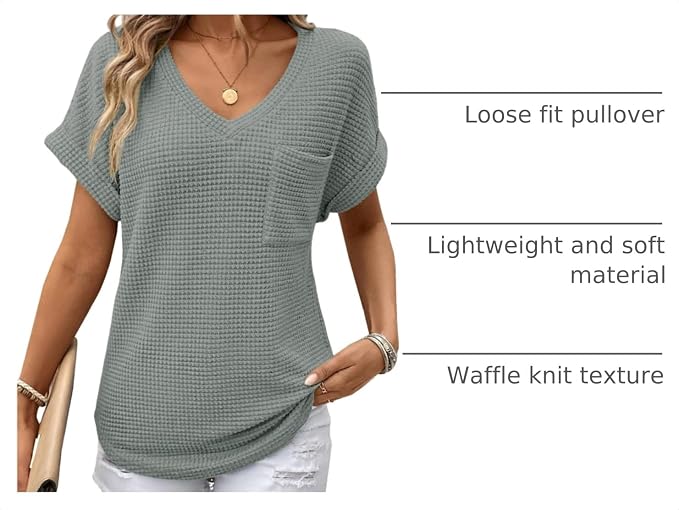 Dokotoo Womens Waffle Knit Tops 2026 Spring Summer V Neck Shirts Casual Trendy Women's Blouses Basic Tee - Image 4