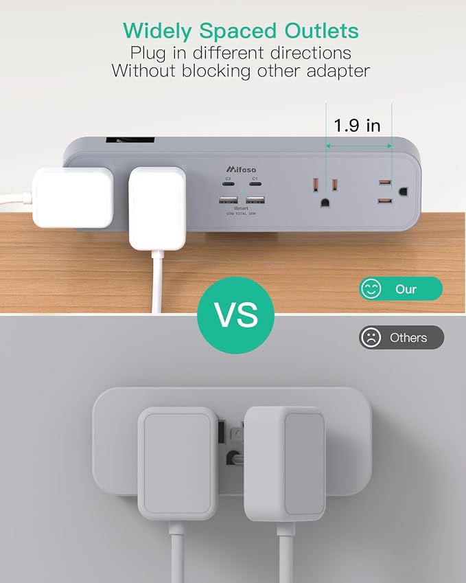 Mifaso PD30W Desk Clamp Power Strip, Surge Protector, Fast Charging Station | 4 Outlets, 4 USB (2 USBC), 5FT Extension Cord, Desk Organizer Gaming Accessories Home Office Essentials, Fits 1.96" Edge,Gray - Image 3