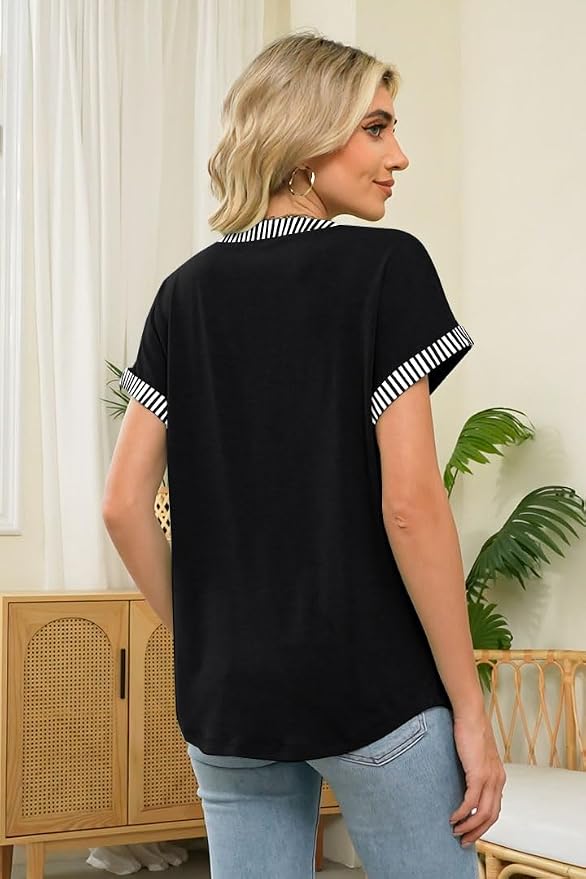 Womens Henley Summer Tops V Neck Button Dressy Casual T Shirts Blouses | Breathable, V-Neck Button, Striped, Loose Fit, Business Casual, Office, Vacation, Spring Summer Tops, Basic Shirts - Image 3