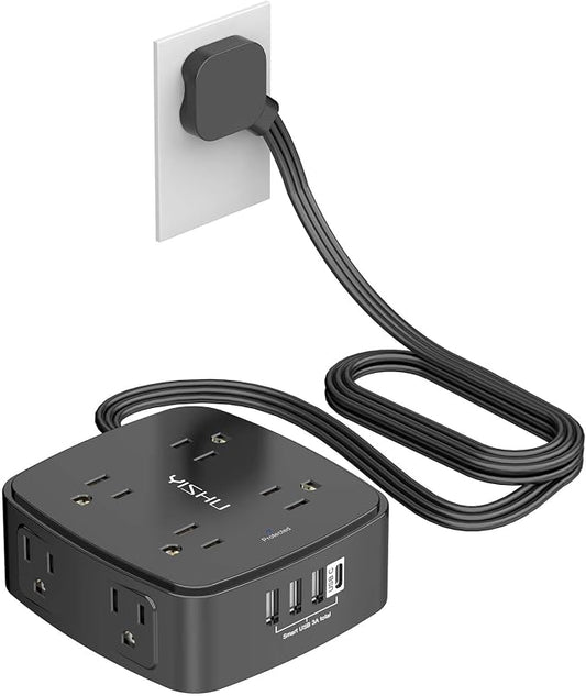 6 Ft Surge Protector Power Strip - YISHU 8 Widely Outlets with 4 USB Ports, 3 Side Outlet Extender with 6 Feet Flat Extension Cord, Ultra Flat Plug, Wall Mount, Desk USB Charging Station, ETL, Black by YISHU