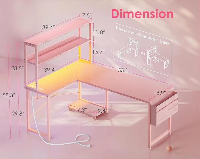 AODK L Shaped Desk Gaming Desk with LED Light & Power Outlet | 53 Inch Pink Reversible L Shaped Computer Table with Shelf & Storage Bag & Hook for Home Office - Image 3