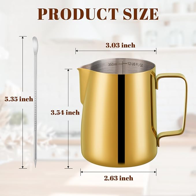Amrules Milk Frothing Pitcher, 12 oz Milk Frother Cup with Clear Scale, 304 Stainless Steel Cappuccino Espresso Machine Accessories for Barista Coffee Bar with Latte Art Pen, Gold - Image 2