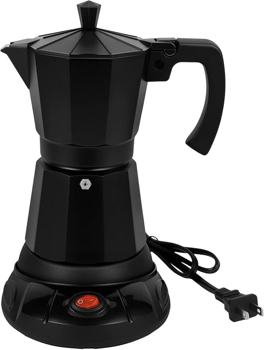 Electric Moka Pot, 3 or 6 Cup Espresso Coffee Maker, Black | Food-grade aluminum, dose reduction plate, boil-dry protection, auto-stop, detachable base, for Cuban and Italian coffee by Suiitat