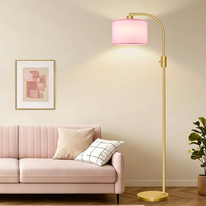Nintiue Dimmable Floor Lamp, 1200 Lumens LED Edison Bulb Included, Arc Gold Floor Lamps for Living Room Modern Standing Lamp with Pink Linen Shade - Image 7