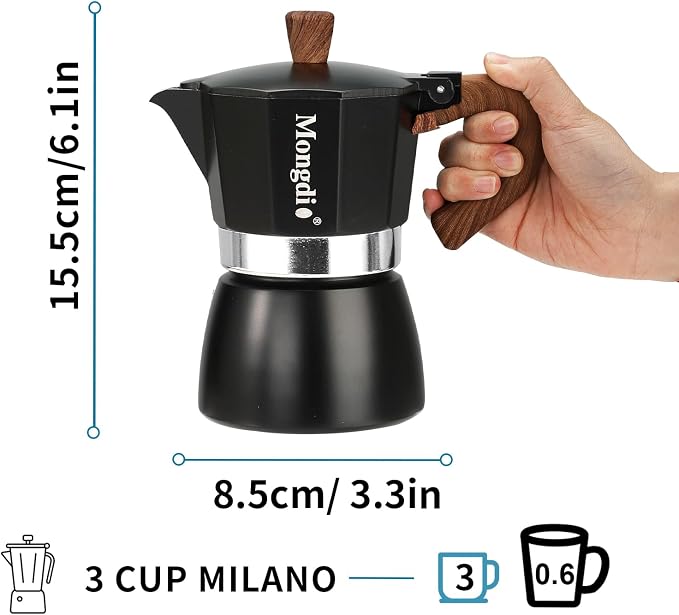 Mongdio Stovetop Espresso Maker Moka Pot, Cuban Coffee Maker Stove top coffee maker Moka Italian Espresso Greca Coffee Maker Brewer Percolator, 3 Espresso Cups, 5 oz - Black - Image 4