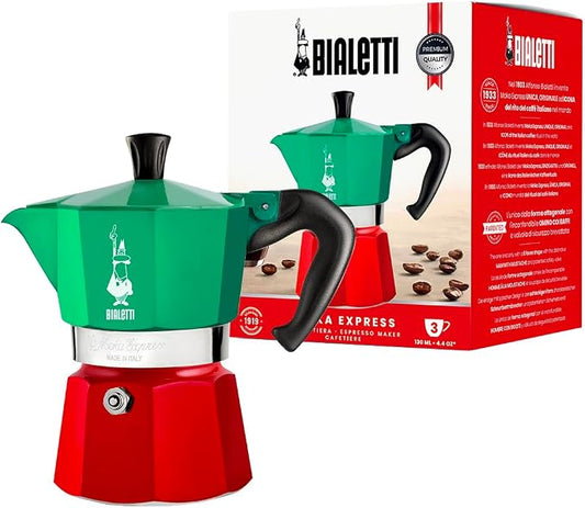 Bialetti - Moka Express Italia Collection: Iconic Stovetop Espresso Maker, Makes Real Italian Coffee, Moka Pot 3 Cups (4.3 Oz - 130 Ml), Aluminium, Colored in Red Green Silver by Bialetti