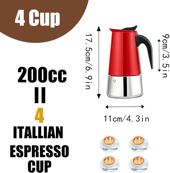 4 Cup Stovetop Espresso Maker Stainless Steel Moka Pot Stove Top Percolator Italian Coffee Makers Capable Mocha Greca Machine Cafe Classic Induction Cookers for Home and Camping 200ml 6.6oz - Image 3
