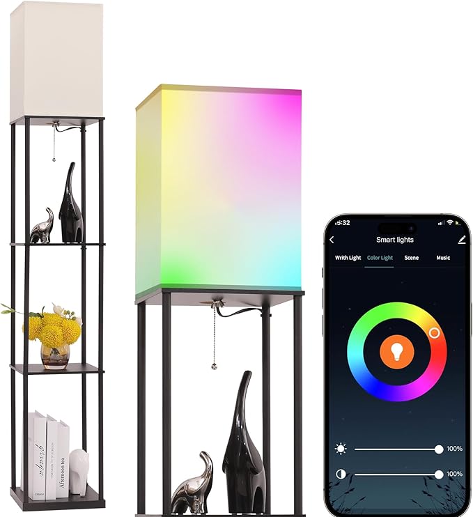 Gupuzm Floor Lamp with Shelves, with Modern Square Standing Lamp with Smart APP Control RGB Bulb, Corner Display Bookshelf Lamp for Living Room, Bedroom and Office (black-9RGB) by GUPUZMproducesandsellslamp