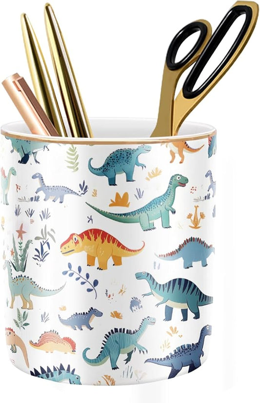 Pen Holder, Pencil Cup for Desk, Cute Makeup Brush Holder, Durable Ceramic Organizer Decor for Room, Office, Classroom, Cute Dinosaur Pattern by WAVEYU