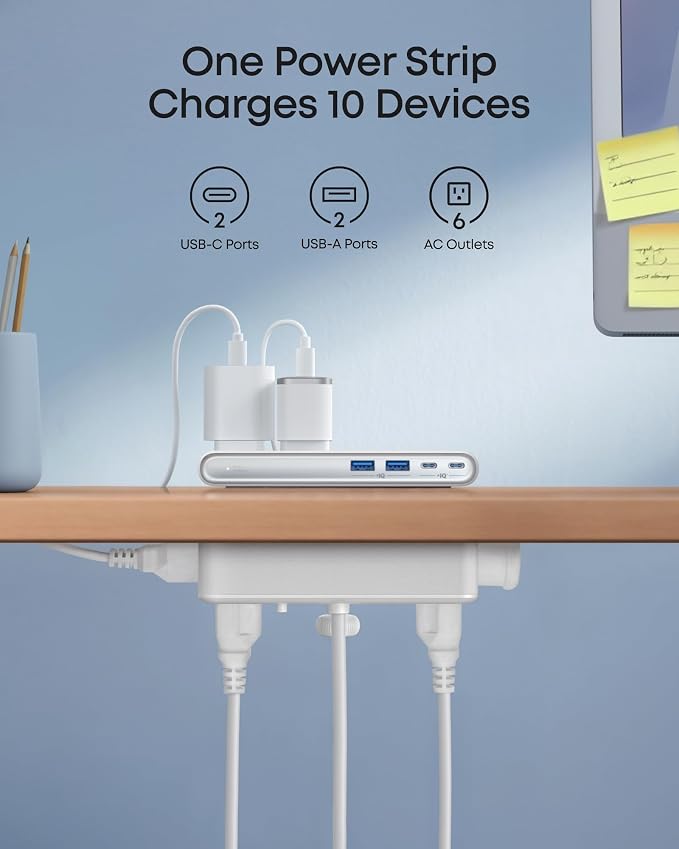 Anker Nano Power Strip, Desk Clamp, 70W Max, 1500J Surge Protector, 2 USB C | 6AC, Extension Cord, Outlet Extender Desk Organizer Gaming Accessories Home Office Essentials, Fit 0.6~1.8'' Tabletop Edge - Image 4