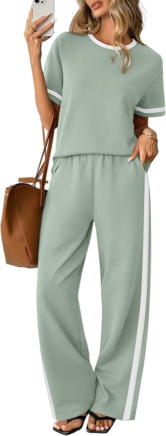 Sampeel 2 Piece Sets for Women Matching Sets Summer Outfits Resort Wear Short Sleeve Lounge Set Wide Leg Pants with Pockets by SAMPEEL