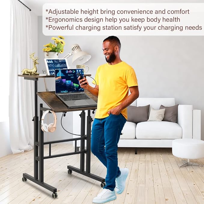 Hadulcet Mobile Standing Desk with Wheels, Rolling Desk Adjustable Height, Portable Laptop Table with Charging Station, Sit Stand up for Home Office, Study, Classroom, Rustic Brown - Image 6