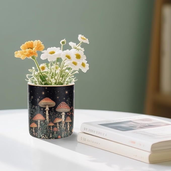 Cute Pen Pencil Holder for Desk, Durable Ceramic Organizer Decor for Room, Office, Classroom, Mushroom Pattern - Image 5