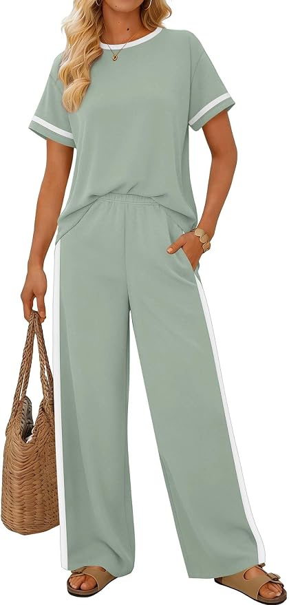 Sampeel 2 Piece Sets for Women Matching Sets Summer Outfits Resort Wear Short Sleeve Lounge Set Wide Leg Pants with Pockets - Image 2