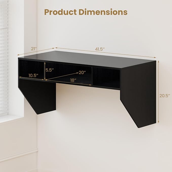Giantex Wall-Mounted Computer Desk, Floating Laptop Desk with 3 Storage Compartments, Space-Saving Home Office Workstation Vanity Table for Bedroom, Study, Living Room (Black) - Image 3