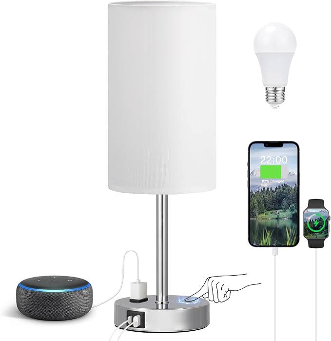 Fenmzee Touch Bedside Lamp - White, 3-Way Dimmable, USB A + C Charging, AC Outlet, 17.4inch Medium by Fenmzeelighting