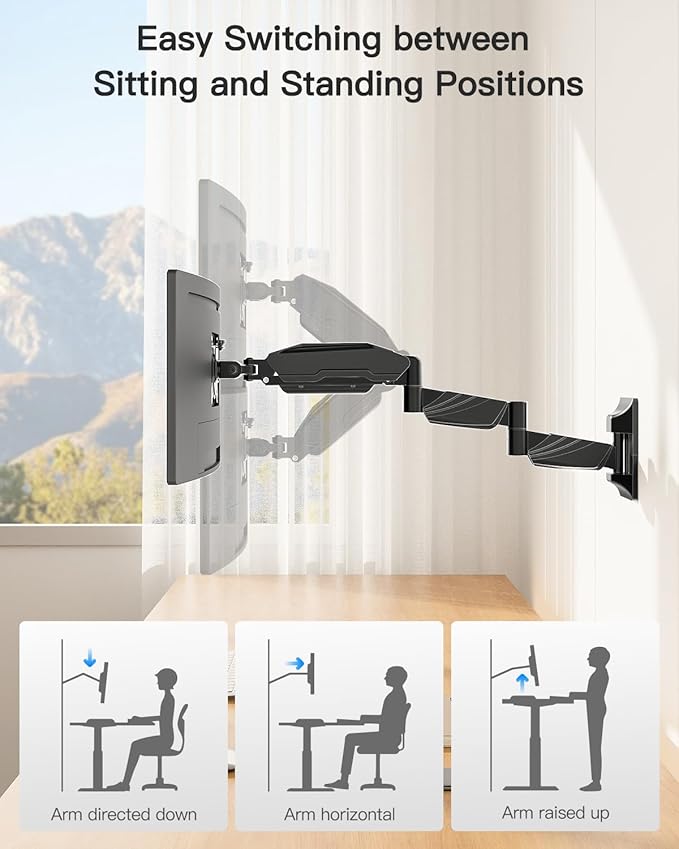 Long Arm Monitor Wall Mount for Max 32 inch Computer Screen, Extra Long Adjustable Single Wall Mount Monitor Arm, Full Motion Vesa Wall Bracket 100x100, Hold up to 17.6lbs, Black - Image 3