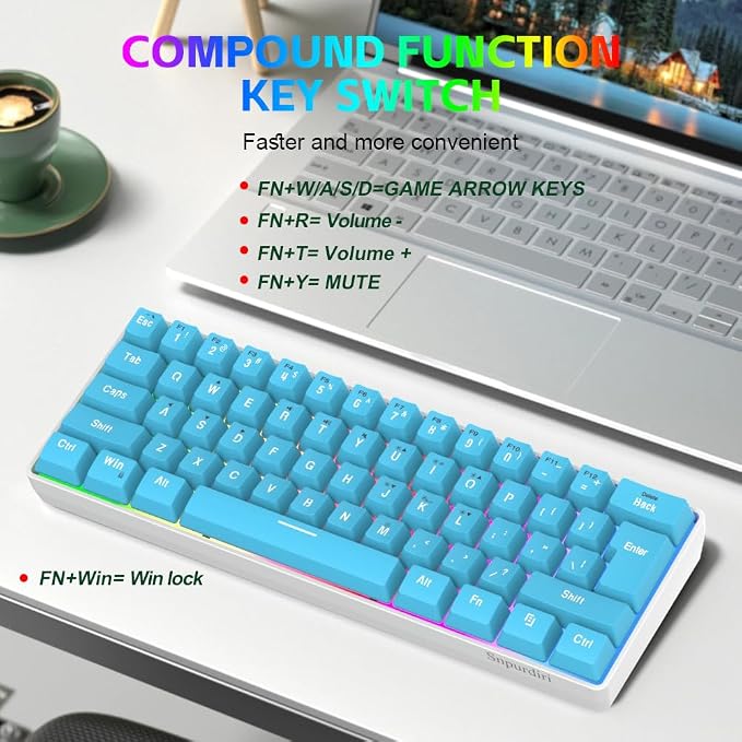Snpurdiri 60% Wired Gaming Keyboard, 61 Keys RGB (Blue) | Small Ultra-Compact Backlit 60 Percent Gaming Keyboard for PC/Mac Gamer, Typist, Travel, Easy to Carry on Business Trip - Image 4