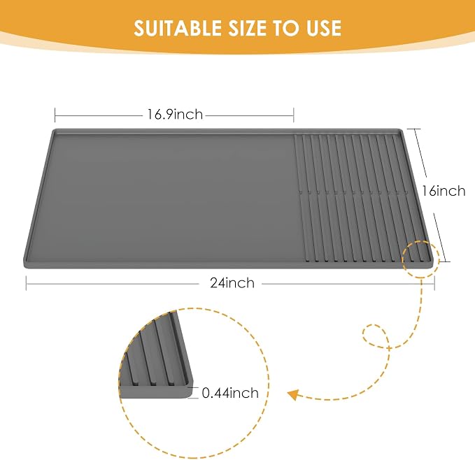 WUDIALIEN Silicone Coffee Mat with Raised Edges, 24'' x 16'' Bar Mat for Countertops, Fits Under Coffee Maker, Espresso Machine, Dish Drying Mat, Gray - Image 4