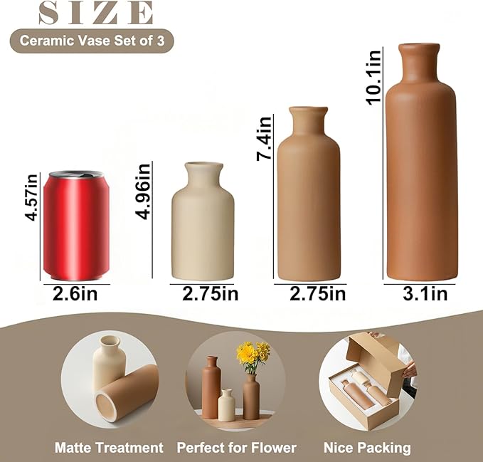 Modern Ceramic Vase Set of 3, Neutral Colors, Decorative Bottles for Home, Earth Tone Farmhouse Rustic Decor, Housewarming Gifts, Wedding Gifts, Birthday Gifts for Women(Coffee Mix) - Image 4