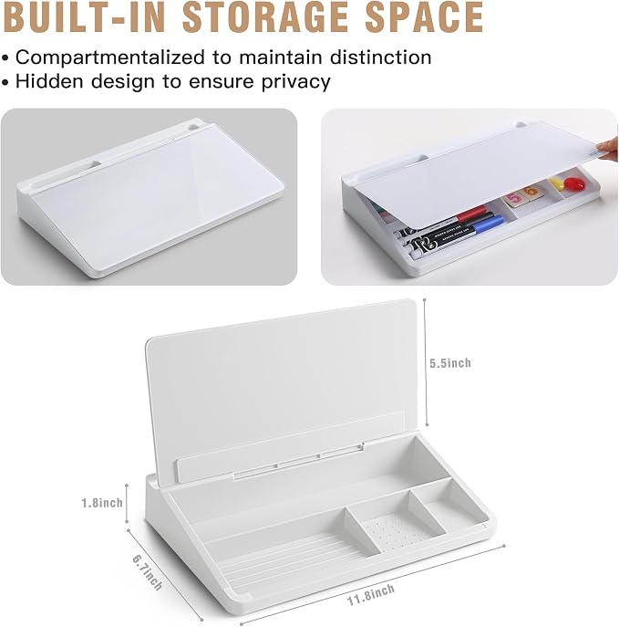 SELEAD Desktop Glass Whiteboard with Storage, Small Dry Erase White Board Computer Pad Keyboard Stand for Home, School, Office Desk Accessories - White - Image 4