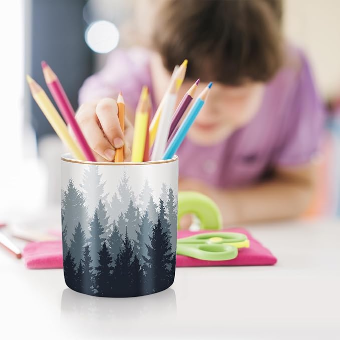 Large Capacity Pen Pencil Holder for Desk, Ceramic Pens Cup Cute Makeup Brushes Holder, Unique Desk Multifunctional Pen Organizer for Home, Office, and School, Forest Pattern - Image 6