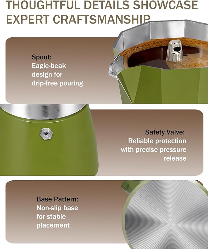 Coffee Maker Stovetop Espresso Maker 6 Cup Aluminum Moka Pot Percolator 10oz 300ml Easy Brewing for Electric Ceramic Stoves Home Camping Italian Cuban Café Classic Green - Image 7