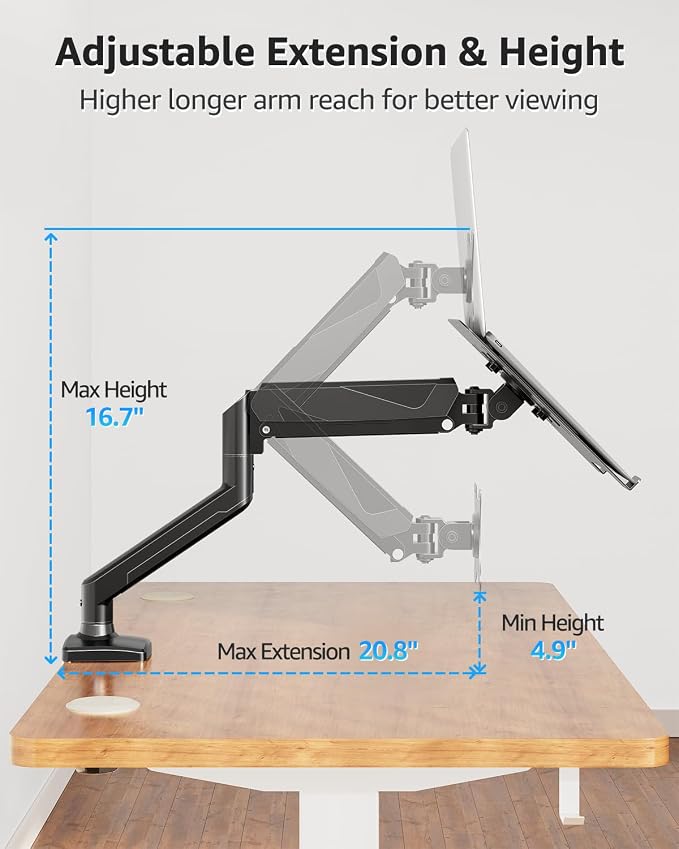MOUNTUP Laptop Stand for Desk, Adjustable Aluminum Laptops Arm Mount for 14-17 Inch Notebook & 32" Monitor, Laptops Arm for Desk Support for 2.2-19.8lbs, 2-in-1 Laptop Desk Mount with Clamp/Grommet - Image 4