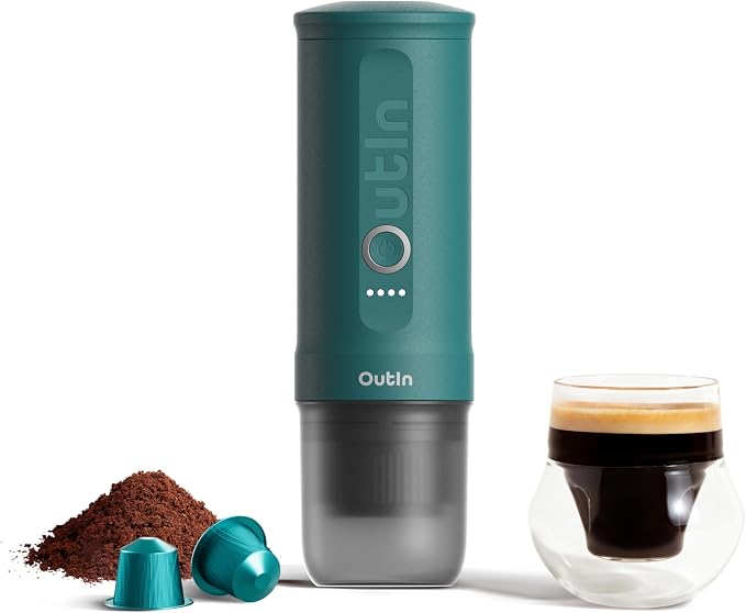 OutIn Nano Portable Electric Espresso Machine, Travel Coffee Maker | Self-Heating USB-C Car Coffee Maker for Ground Coffee & NS Capsules, Ideal for Camping, RV, Hiking and Office, Teal by OutIn