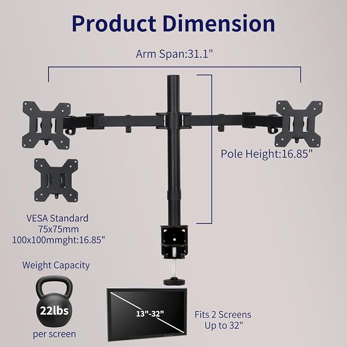 Black Dual Monitor Arm Mount for 13-32 Inch Screens | Ultrawide Screens Up to 38 Inch Fully Adjustable Stand with C-Clamp/Grommet Base Max VESA 100x100 Each Screen Capacity 22lbs - Image 3