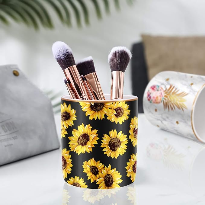 Pen Holder, Cute Pencil Holder for Desk, Makeup Brush Holder Floral Pattern, Pencil Cup for Girls Women, Durable Ceramic Desk Organizer Flower Decor for Office, Classroom, Sunflower - Image 6