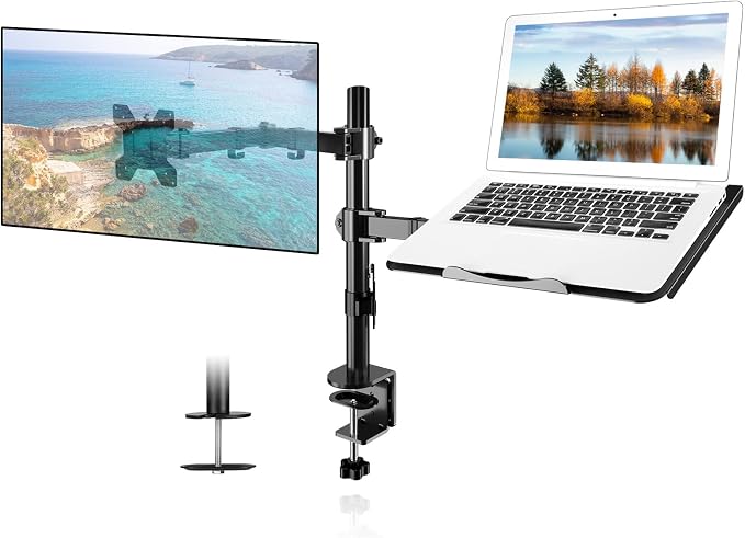 suptek Monitor and Laptop Mount Holds 13-32 inch Computer Screen, Adjustable Monitor Arm Stand with Laptop Tray for 13-27 inch, Hold 22 lbs, with Clamp and Grommet Mounting Base by suptek