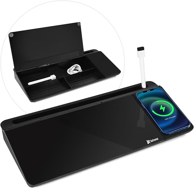 Varhomax Glass Desk Whiteboard Black with Wireless Charger, Desktop Dry Erase White Board with Storage,to Do List Memo Notepad for Home and Office by Varhomax