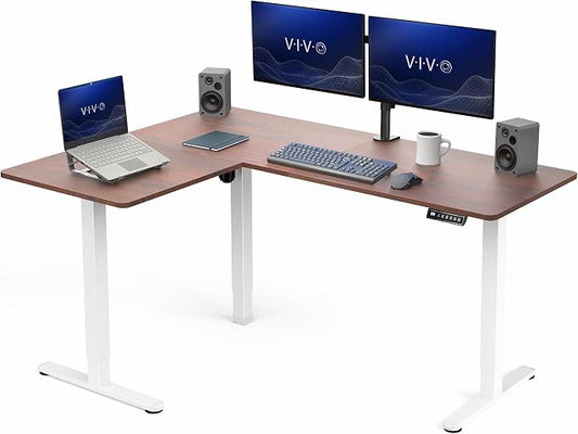 VIVO Dark Walnut 63 x 47 in Corner Standing Desk, DESK-E3CTWD-47 | Electric, Reversible L-Shaped Table, Sit Stand, Height Adjustable, Memory Controller, Office Furniture Sets, White Frame by Unknown