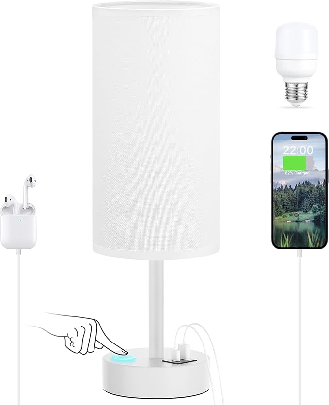 Dicoool Bedside Table Lamp for Bedroom - 3-Way Dimmable Touch Lamp, USB A+C | LED Bulb Included, 14" Small Nightstand Lamp for Desk, Living Room, Guest Room, White Fabric Lampshade, White Metal Base - Image 7