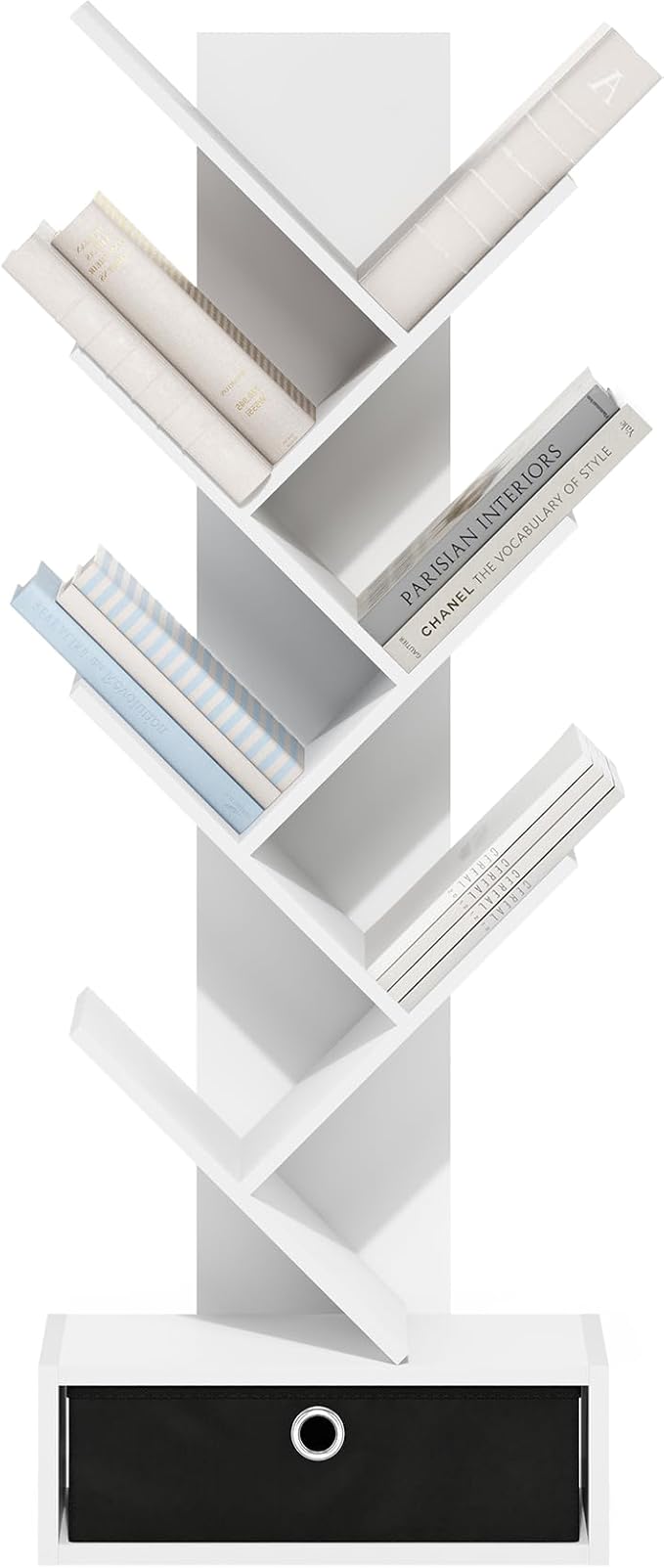 Furinno Tree Book Shelf, 7-Tier Bookshelf, Tree Bookcase with Bin Drawer, 8.4 x 16.9 x 46.2, for Living Room, Bedroom, Home Office, White/Black - Image 4