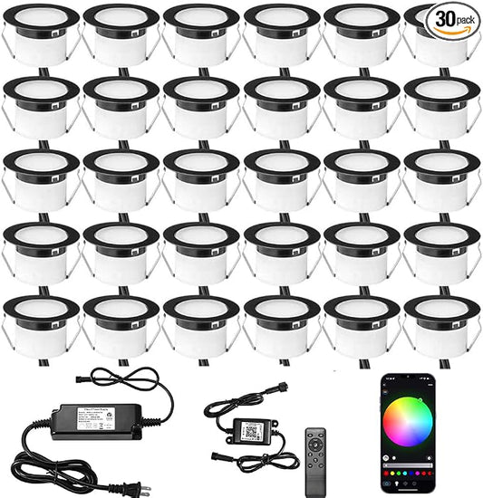LED Deck Light Kit, 30pcs Φ1.77 WiFi Wireless Smart Phone Control Low Voltage Recessed RGBW Deck Lights with Remote, Voice Control, IP67 Waterproof Outdoor Path Stair Landscape Lighting, Black by Sumaote