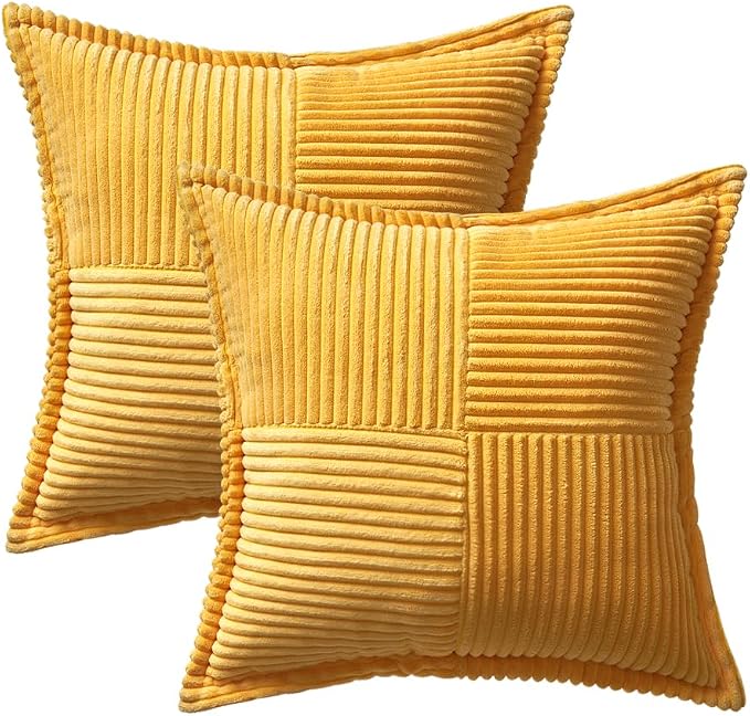 MIULEE Golden Yellow Corduroy Pillow Covers 20x20 Inch with Splicing Set of 2 Soft Boho Striped Pillow Covers Broadside Decorative Textured Summer Pillowcases for Couch Cushion Bed Livingroom - Image 6